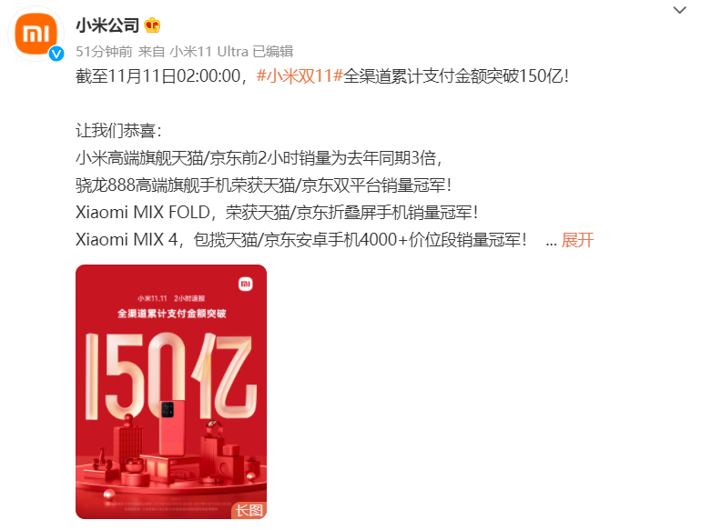 截至11月11日2點整 小米雙11全渠道累計支付金額突破150億